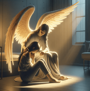angel comforting woman